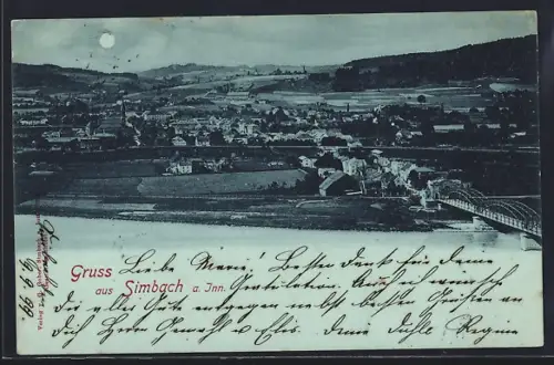 Mondschein-AK Simbach a. Inn, Blick auf den Ort