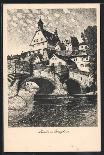 Künstler-AK Besigheim, Ortspartie mit Brücke