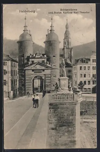 AK Heidelberg / Neckar, Brückentürme und Kurfürst-Statue