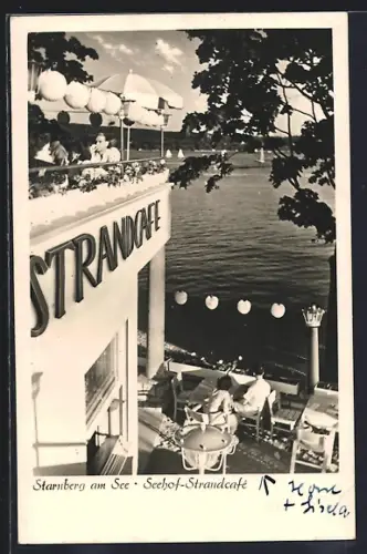 AK Starnberg am See, Seehof-Strandcafe, Terrassen mit Gästen und Wasserblick aus der Vogelschau