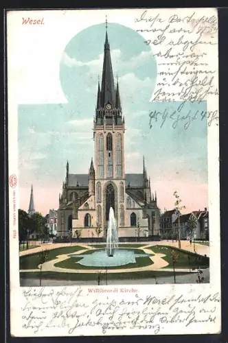AK Wesel / Rhein, Willibrordi-Kirche mit Springbrunnen