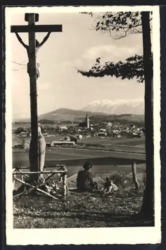 AK Teisendorf, Panorama mit Hügelkreuz