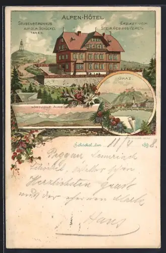 Lithographie Stubenberghaus, Schöckel, Aplenhotel, nördliche Aussicht, Graz