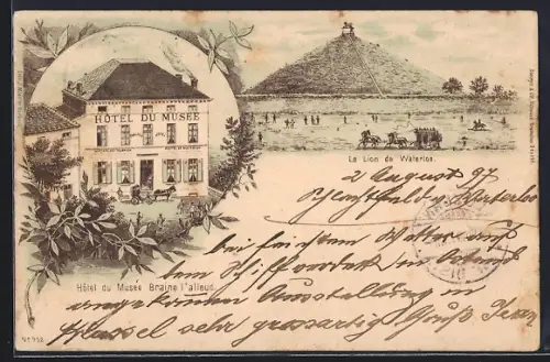 Lithographie Waterloo, Hotel du Musée Braine l`alleud, Löwendenkmal