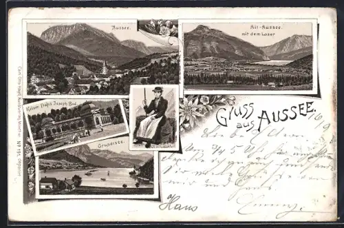 Lithographie Aussee, Ortsansicht mit Kaiser Franz Joseph Bad und Grundlsee