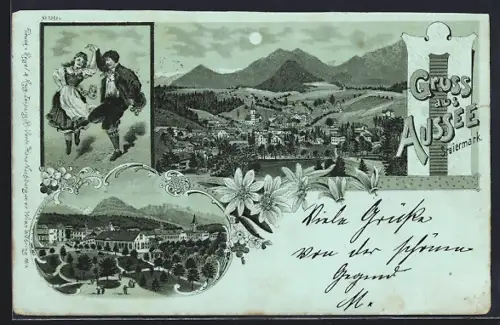 Mondschein-Lithographie Aussee /Steiermark, Ortsansicht im Vollmondlicht, Tanzendes Paar in Trachten