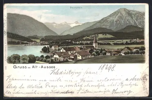 Lithographie Alt-Aussee, Ortsansicht gegen die Berge