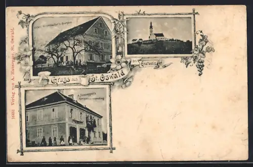 AK St. Oswald bei Gratwein, Johann Weidenbachers Gasthaus, A. Hausegger`s Gemischtwarenhandlung