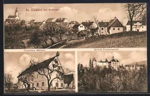 AK St. Oswald bei Gratwein, Trummers Gasthof, Schloss Plankenwarth, Ortsansicht
