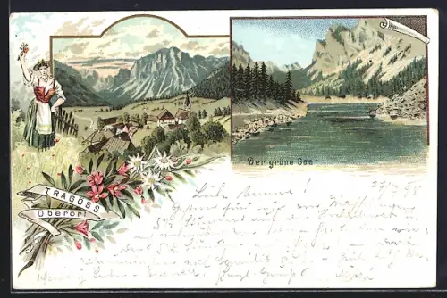 Lithographie Tragöss, Ortsansicht, Der grüne See