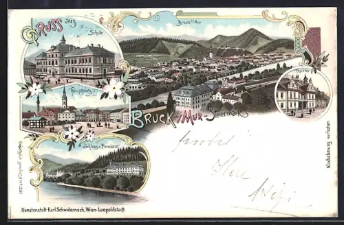 Lithographie Bruck a. Mur, Schloss und Pensionat, Hauptplatz, Schule