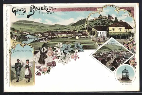 Lithographie Bruck a. Mur, Gothischer Brunnen am Hauptplatz, Schlossberg, Ortsansicht vom Schlossberg aus