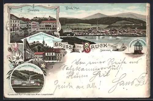 Lithographie Bruck an der Mur, Hauptplatz, Minoritenplatz mit Schlossberg, Pius Institut