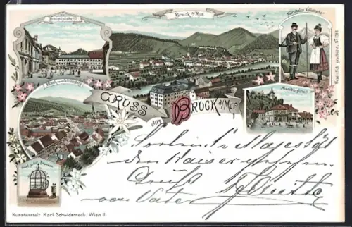 Lithographie Bruck a. Mur, Minoritenplatz, Hauptplatz, Gothischer Brunnen