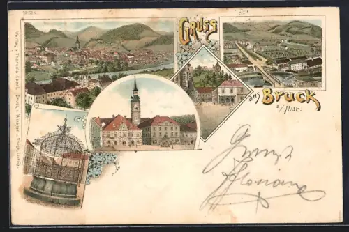 Lithographie Bruck an der Mur, Panorama, Ortsansicht mit Strassenpartie