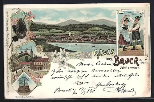 Lithographie Bruck a. Mur, Schlossberg, Ortspanorama mit Fluss, Gothischer Brunnen, Steir. Tanz
