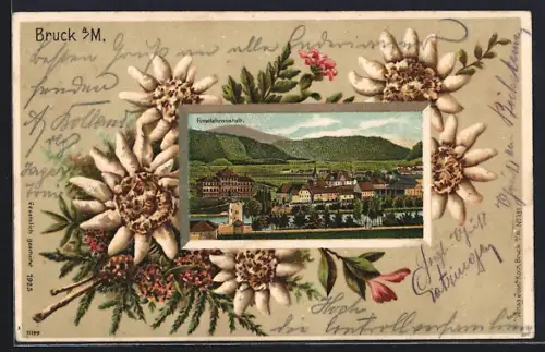 Lithographie Bruck a. M., Forstlehranstalt am Fluss, Edelweiss