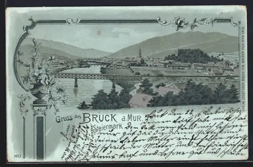 Mondschein-Lithographie Bruck a. Mur, Flusspartie mit Brücke