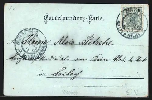 Mondschein-Lithographie Bruck a. Mur, Flusspartie mit Brücke