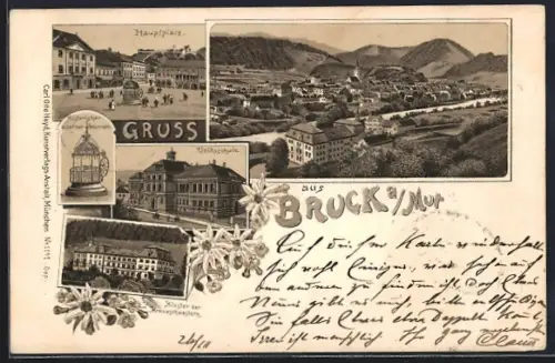Lithographie Bruck an der Mur, Hauptplatz, Totalansicht, Volksschule, Kloster der Kreuzschwestern
