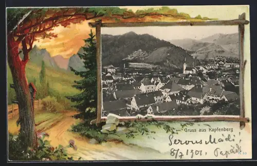 Passepartout-Lithographie Kapfenberg, Ortsansicht aus der Vogelschau, Weg mit Marterl und Bergblick