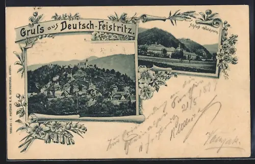 AK Deutsch-Feistritz, Schloss Waldstein, Ortsansicht mit Kirche