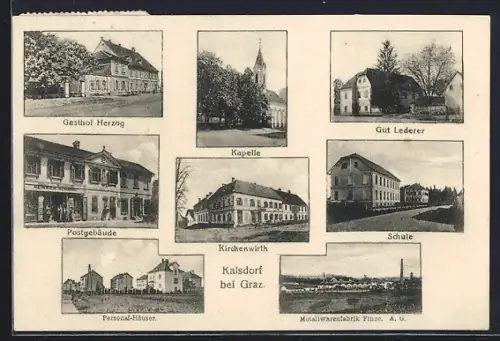 AK Kalsdorf bei Graz, Gasthof Herzog, Postgebäude, Gute Lederer, Kapelle