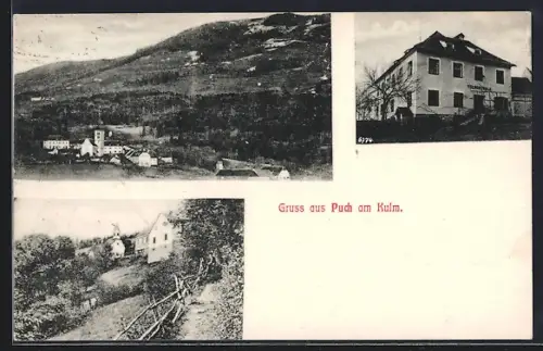 AK Puch am Kulm, Volksschule, Ortsansicht mit Kirche