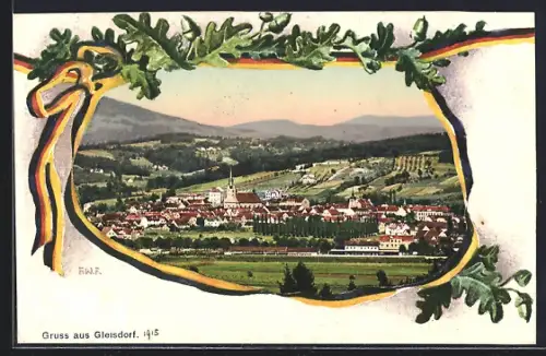 AK Gleisdorf, Ortspanorama mit Eichenlaub-Rahmen