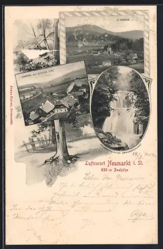 AK Neumarkt i. St., Hamerl mit Schloss Lind, St. Marein, Wasserfall in der Graggerschlucht