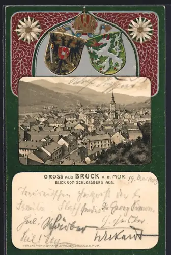 Lithographie Bruck a. d. Mur, Ausblick vom Schlossberg, Stadt-Wappen