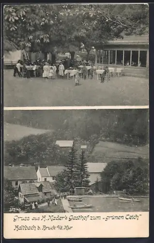 AK Kaltbach b. Bruck, H. Maders Gasthof zum grünen Teich, Ansicht aus der Vogelschau und Garten