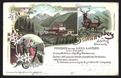 Lithographie Schrattenberg bei Scheifling, Pension der Frau Anna Lanzer, Mann und Frau auf Aussichtspunkt, Hochwild