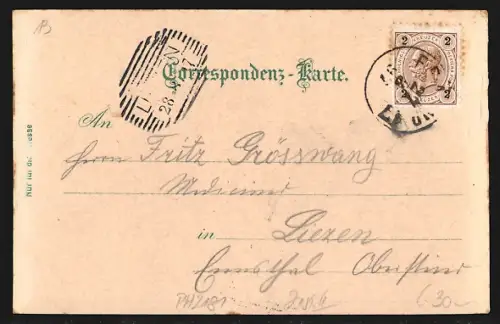 Lithographie Schrattenberg bei Scheifling, Pension der Frau Anna Lanzer, Mann und Frau auf Aussichtspunkt, Hochwild