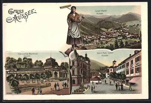 Lithographie Aussee, Teilansicht, Märtisches Badehaus, Oberer Platz