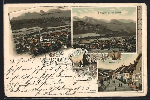 Lithographie Schladming /Steyermark, Ortsansicht gegen den Dachstein u. gegen Nordost, Marktplatz