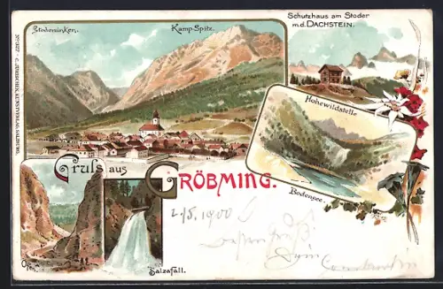 Lithographie Gröbming, Ortsansicht mit Kamp-Spitz, Schutzhaus am Stoder mit Dachstein, Salzafall