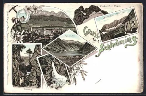 Lithographie Schladming, Gasthaus Austriahütte mit Veranda, Rissach-See, Thalzwang, Oberer Rissach-Fall