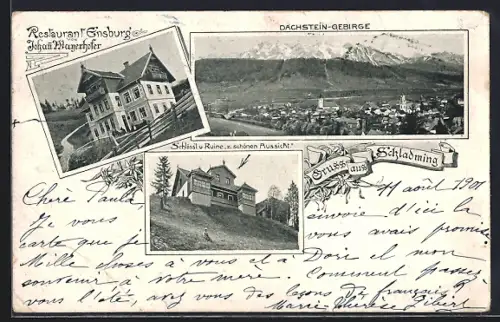 AK Schladming, Restaurant Einsburg v. Johann Mayerhofer, Schlössl u. Ruine z. schönen Aussicht