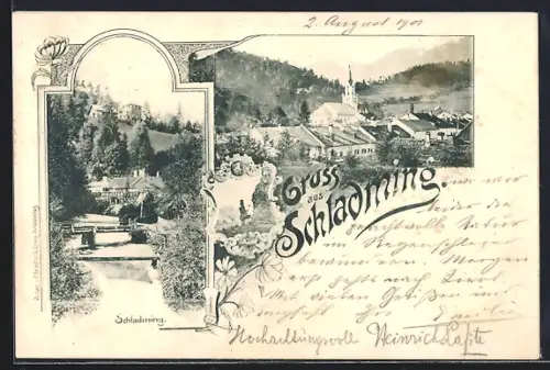 AK Schladming, Ortsansicht mit Kirche, Fluss mit Stegen