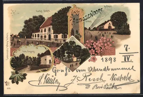 Lithographie Abtissendorf b. Graz, Gasthof Neuhold, Orts-Kapelle, Auen-Eingang