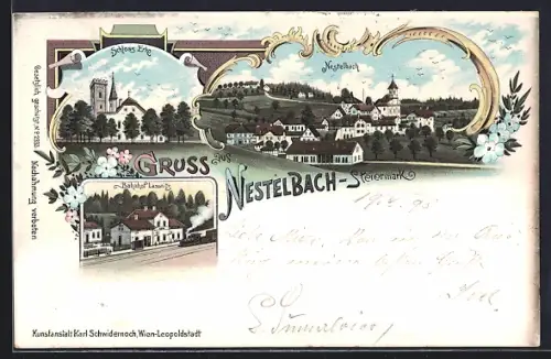 Lithographie Nestelbach /Steiermark, Schloss Erle, Bahnhof Lassnitz, Ortsansicht