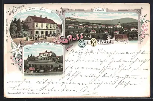 Lithographie St. Oswald bei Gratwein, Gasthaus mit Garten, Plankenwart, Ortsansicht aus der Vogelschau