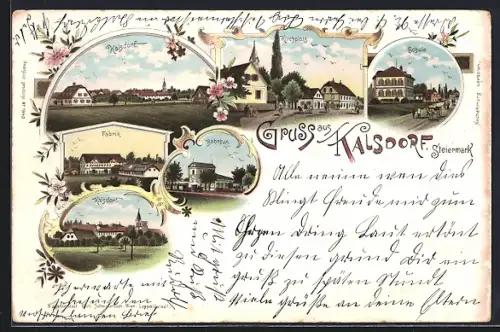 Lithographie Kalsdorf, Fabrik, Bahnhof, Schule, Kirchplatz