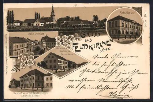 Lithographie Feldkirchen b. Graz, Handlung u. Gasthaus v. Peter Hamerl, Gasthof zum goldenen Ochsen, Schulhaus