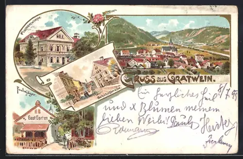 Lithographie Gratwein, Gasthaus Fuchsjäger, Fischerwirt, Ortsansicht mit Kirche, Bahnhofstrasse