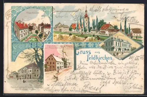 Lithographie Feldkirchen, Gasthof zum goldenen Ochsen, Handlung und Gasthaus von Peter Hamerl