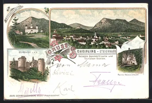 Lithographie Scheifling, Steinschloss, Ruine Tschakathurn, Schloss Schrattenberg