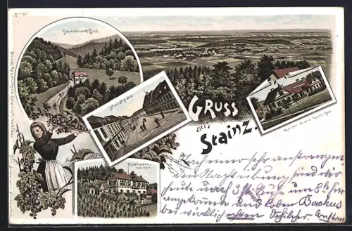Lithographie Strainz, Gasthaus Engelweingarten, Sauerbrunnbad, Kaiser Franz Josef Bad