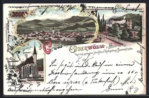 Lithographie Oberwölz /Steiermark, Schloss Rothenfels, Spitalkirche, Totalansicht